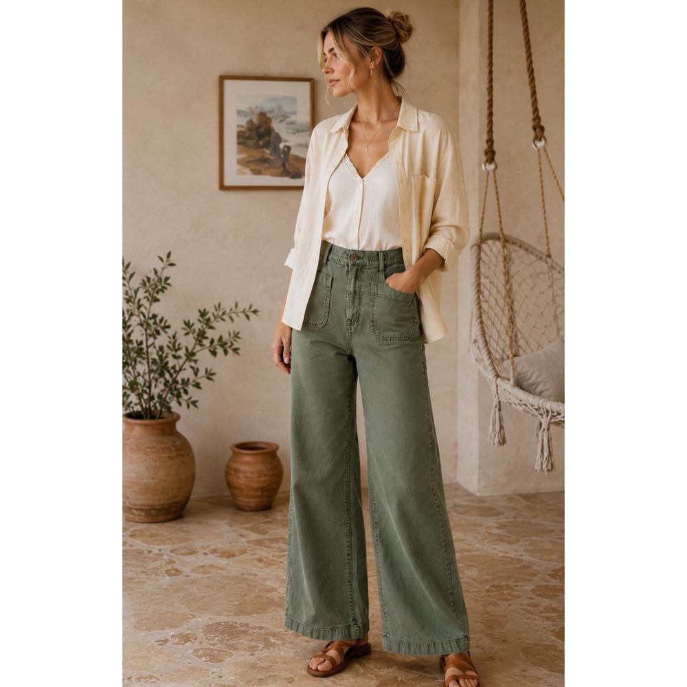 Madwell Emmett Wide Leg Pants Olive Green High Rise Patch Pocket Size 29